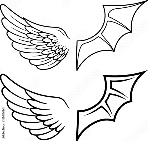 Conjunto de alas vectoriales de contorno: ala de ángel con plumas y ala de murciélago o dragón, diseño de tatuaje dividido. Ilustración conceptual de "bien contra el mal" con alas de cielo e infierno 