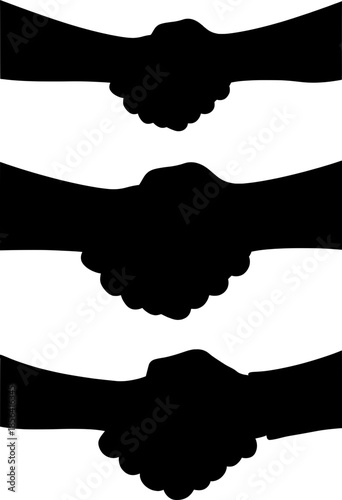 Silueta negra de tres apretones de manos, conjunto de ilustraciones vectoriales aisladas sobre fondo blanco. Icono de manos estrechándose para conceptos de negocio, acuerdo, contrato y asociación.