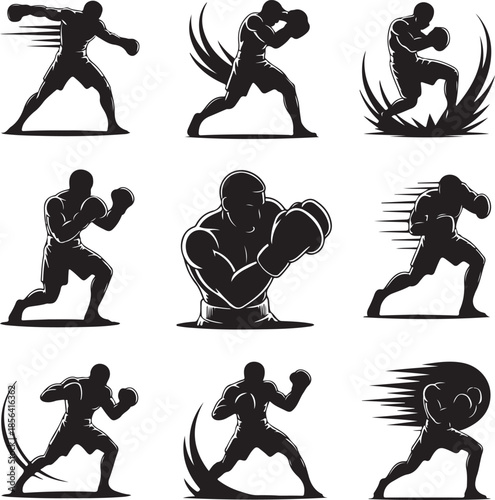 Dynamic boxing poses collection with fighters in action isolated