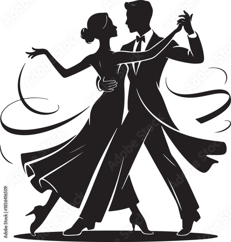 Elegant couple dancing in formal ballroom attire