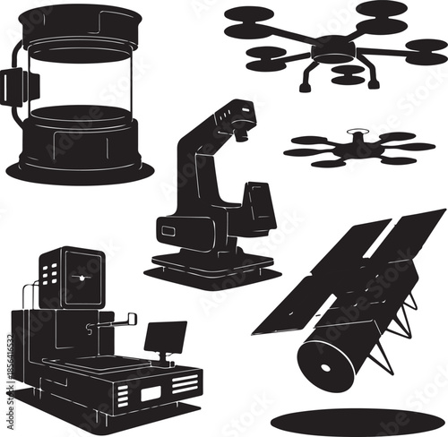 Collection of futuristic technology and industrial machinery isolated on transparent background