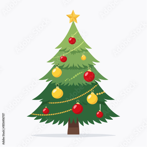 A decorated Christmas tree with red and gold ornaments stands alone