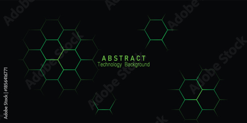 Futuristic black background with glowing green hexagon technology pattern.