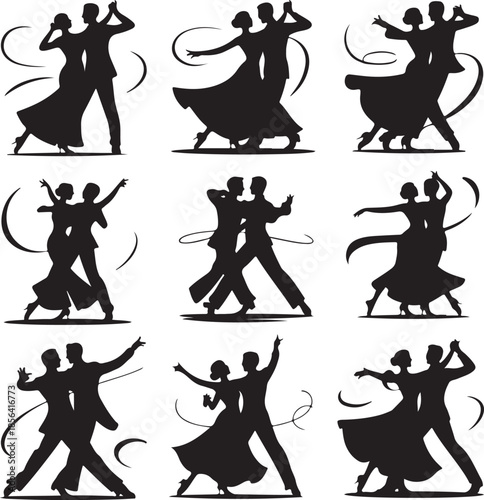 Elegant couple dancing in various ballroom dance poses isolated illustration
