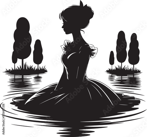 Silhouette of elegant woman sitting in water with nature background