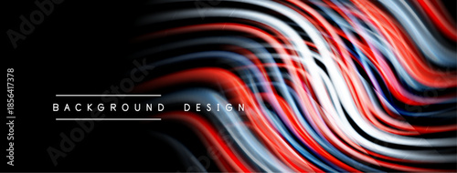 Abstract flowing lines create dynamic visual effect. Red, white, blue hues contrast against black background. Modern design element.