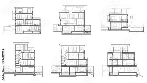 Architectural building section drawings showing multi-story structure variations