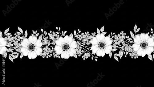 Elegant White Floral Border Design Element on Black Background Botanical Pattern Motif Mammogram