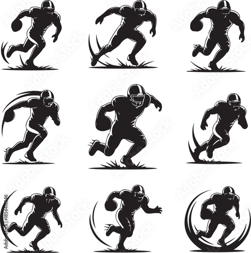 Dynamic american football player actions in various running poses