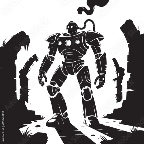 Futuristic robot walking in a postapocalyptic landscape illustration