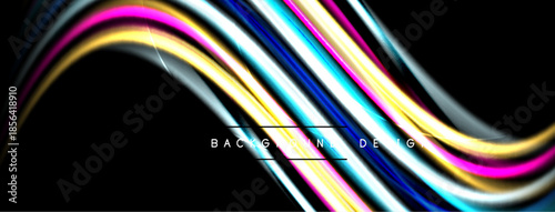 Abstract flowing lines create vibrant colorful wave pattern. Black background emphasizes bright hues, dynamic design.