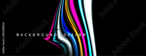 Abstract colorful lines form dynamic design. Bright shades contrast against black background, creating modern visual effect.