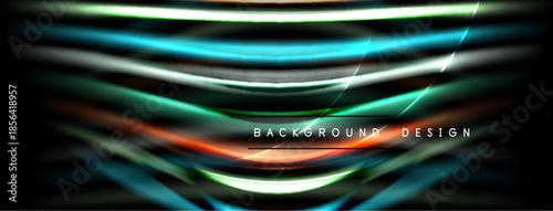 Abstract neon lines create dynamic background. Bright colors blend, forming futuristic design. Dark space emphasizes glowing elements.