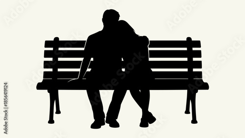 Silhouette of a loving couple sitting on a bench, embracing each other, showing affection and togetherness.