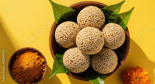 Traditional Sesame Ladoo, Turmeric, Marigold on Sunny Yellow
