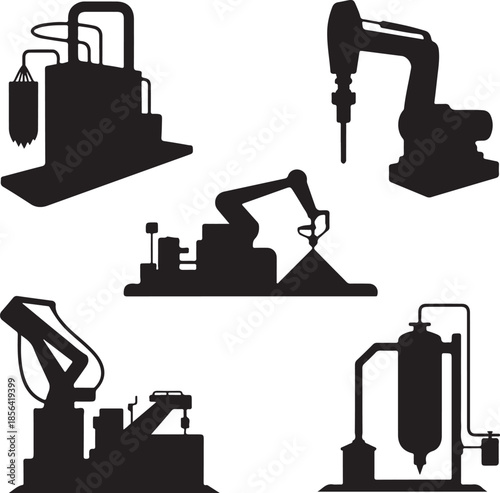 Collection of industrial machinery and robotic equipment silhouettes