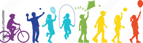 Children silhouette outdoor activity vector, vibrant play scene, healthy lifestyle design, colorful kids art, cad drawing flat vector illustration