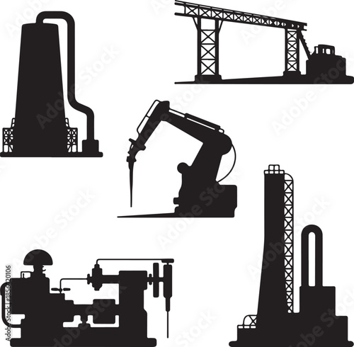 Industrial machinery and factory equipment silhouettes isolated set