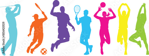 Colorful sports silhouette vector, dynamic athlete poses, diverse activity design, vibrant motion art, cad drawing flat vector illustration