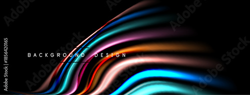 Abstract colorful lines form dynamic background. Gradient shades create flowing, modern visual effect. Dark space emphasizes vibrant curves.