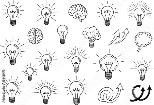 Brainstorming Light Bulbs and Ideas Concept - Line Art Design