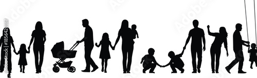 Family silhouette illustration, parenting moments, children activities, stroller, swing, bonding, community life, black vector, emotional connection, lifestyle concept