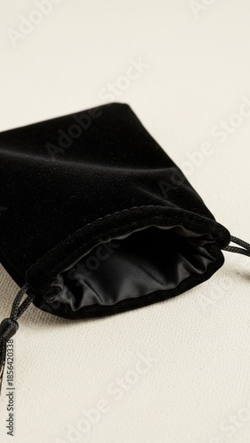 Black velvet jewelry pouch on a light cream background