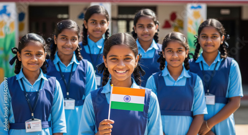 Happy Indian Students Proudly Displaying Flag at School