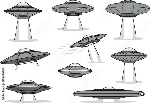 Collection of cartoonish UFO sightings and otherworldly spacecrafts