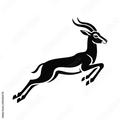 A striking black and white illustration of a gazelle in mid-leap