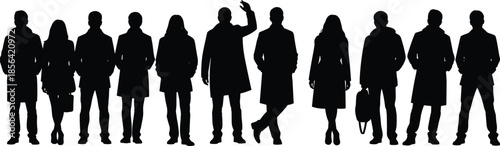 Winter silhouette people vector, diverse poses, fashion design, cold season clothing, minimalist style, cad drawing flat vector illustration