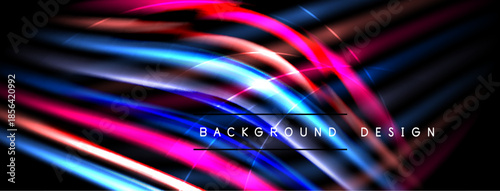 Abstract neon lines create dynamic background. Vivid colors blend, forming futuristic design. Dark space emphasizes bright streaks.