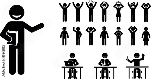 Stick figure teacher or mentor leading workshop with diverse office employees showing success, frustration, learning, and collaboration in business environment.