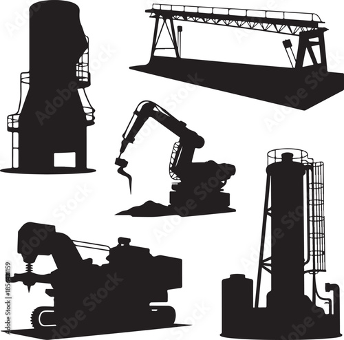 Industrial machinery and equipment silhouettes isolated on transparent background