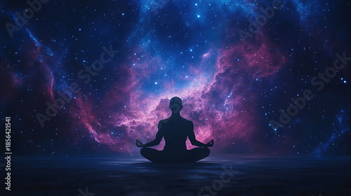 Seated figure meditating in cosmic space at twilight Generative AI