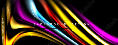 Abstract colorful lines form dynamic background. Bright shades blend, creating modern visual effect. Design features flowing curves, vibrant energy.