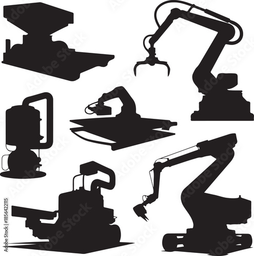 Collection of industrial machinery and robotic arms isolated on transparent background