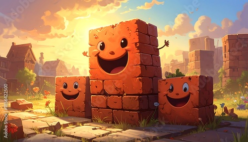 Cheerful brick characters create a whimsical and joyful atmosphere in cartoon town