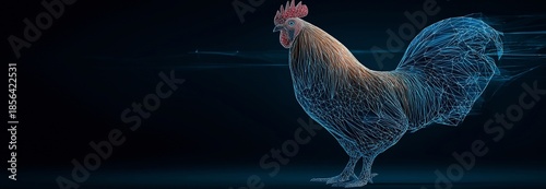 A futuristic wireframe of a rooster shines blue against a black tech backdrop.