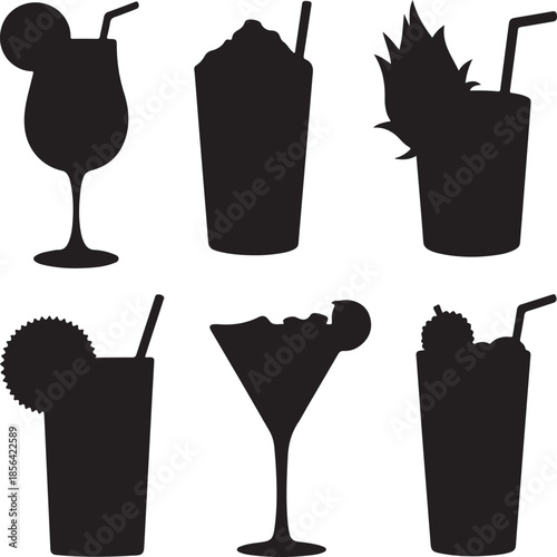 Collection of various drink silhouettes isolated on transparent background