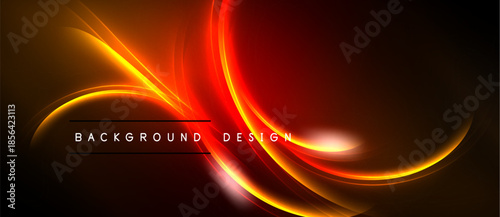 Dynamic abstract lines, vibrant orange, red hues. Smooth curves create flowing energy, dark background emphasizes luminosity. Modern design element.