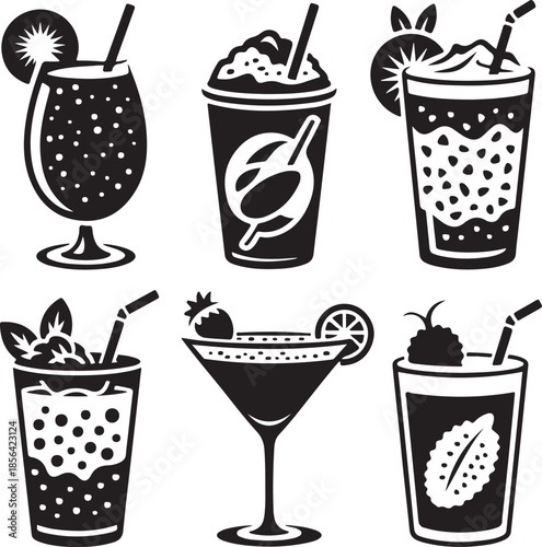 Collection of stylish summer drink icons in different glasses