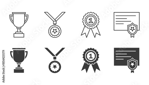 Set of first place award icons featuring trophies, medals, certificates, and rosette ribbons
