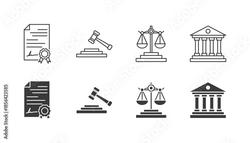 Legal and justice icon set featuring scales, gavel, document, and courthouse symbols
