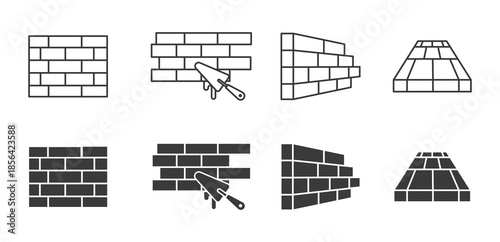 Set of vector icons for construction work, showing bricklaying process and various wall representations