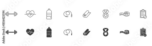 A collection of minimal line and solid icons representing health, fitness, and gym activities