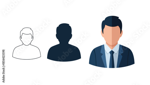 Three styles of male business avatar icons outline, silhouette and full color flat design, representing user profile or person concept