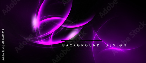Abstract purple waves radiate from center. Dark background enhances vibrant glow. Text reads background design. Modern, dynamic visual.