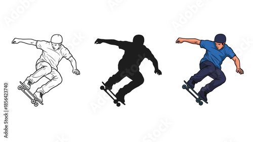 Skateboarder performing a trick in three styles line art, silhouette and full color illustration