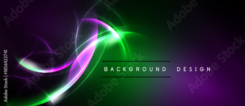 Abstract vibrant waves, purple, green hues blend. Dark background creates dynamic visual effect. Modern design element.